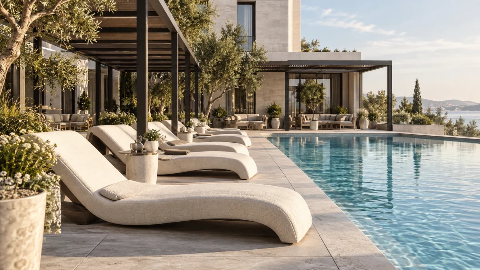 Concept of a resort pool terrace with lounge seating, shade and landscaping